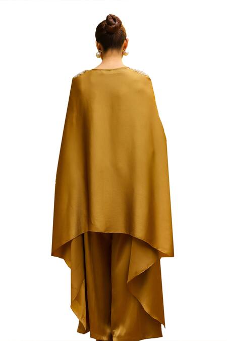 Buy Ajiesh Oberoi Gold Chiffon, Muslin Embroidery V-neck Dori Kaftan And Palazzo Set Buy_Ajiesh Oberoi_Gold Chiffon, Muslin Embroidery V-neck Dori Kaftan And Palazzo Set