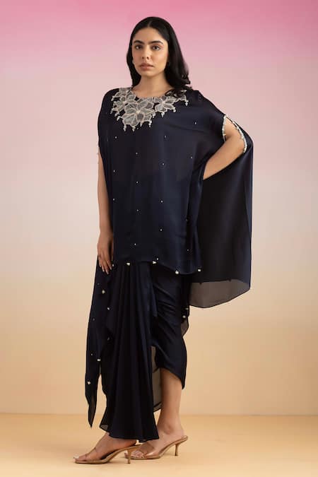 Shop Ajiesh Oberoi Blue Chiffon Zari, Embroidery Round Neck Zardozi Kaftan Skirt Set Online at Aza Fashions Shop_Ajiesh Oberoi_Blue Chiffon Zari, Embroidery Round Neck Zardozi Kaftan Skirt Set _Online_at_Aza_Fashions