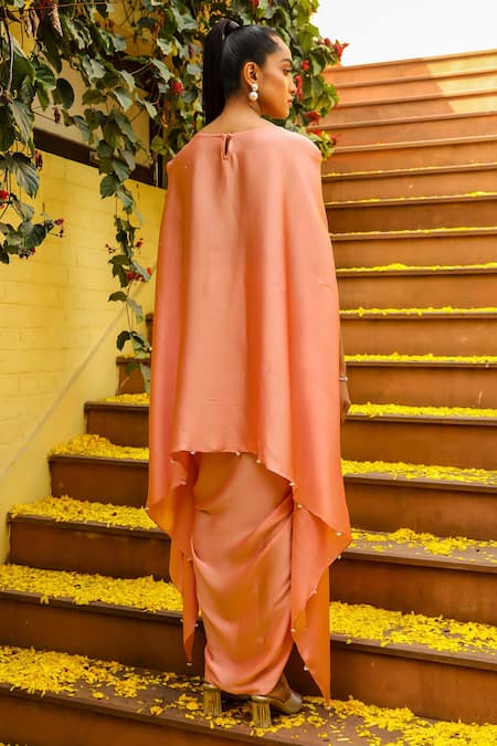 Shop_Ajiesh Oberoi_Peach Chiffon Crystals, Zari, Cut Zardozi Embroidered Short Kaftan Skirt Set _at_Aza_Fashions
