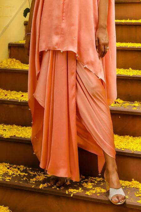 Ajiesh Oberoi_Peach Chiffon Crystals, Zari, Cut Zardozi Embroidered Short Kaftan Skirt Set _Online_at_Aza_Fashions