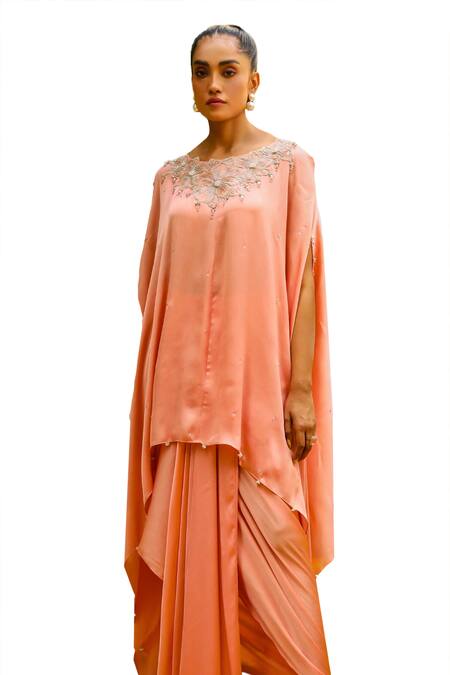 Buy_Ajiesh Oberoi_Peach Chiffon Crystals, Zari, Cut Zardozi Embroidered Short Kaftan Skirt Set _Online_at_Aza_Fashions