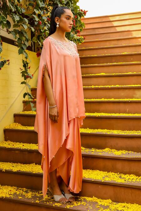 Shop_Ajiesh Oberoi_Peach Chiffon Crystals, Zari, Cut Zardozi Embroidered Short Kaftan Skirt Set _Online_at_Aza_Fashions
