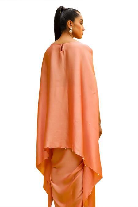 Ajiesh Oberoi_Peach Chiffon Crystals, Zari, Cut Zardozi Embroidered Short Kaftan Skirt Set _at_Aza_Fashions