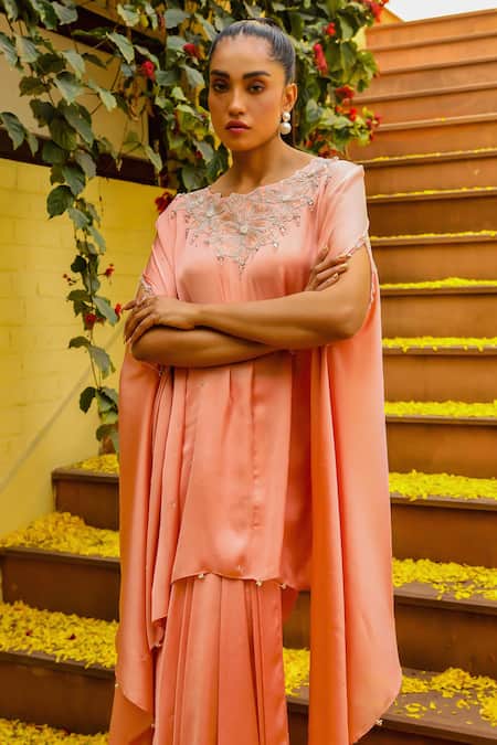 Buy_Ajiesh Oberoi_Peach Chiffon Crystals, Zari, Cut Zardozi Embroidered Short Kaftan Skirt Set 