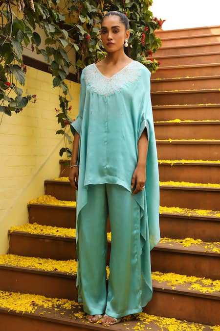Buy_Ajiesh Oberoi_Blue V-neck Leaf Dori Embroidered Kaftan And Palazzo Set 