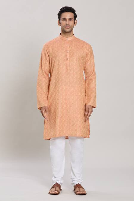 Buy_Arihant Rai Sinha_Peach , Chanderi Chequered Pattern Straight Kurta With Churidar _Online_at_Aza_Fashions