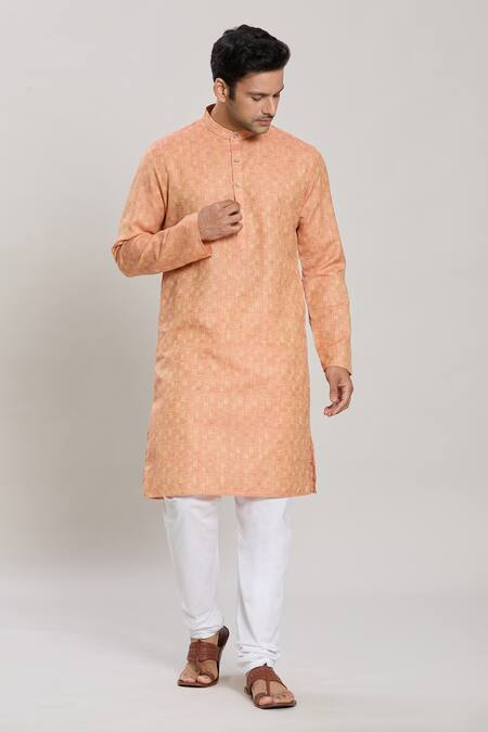 Shop_Arihant Rai Sinha_Peach , Chanderi Chequered Pattern Straight Kurta With Churidar _Online_at_Aza_Fashions