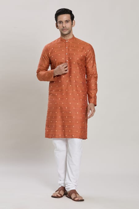 Arihant Rai Sinha Orange Kurta Cotton Woven Geometric Butta Work With Churidar 