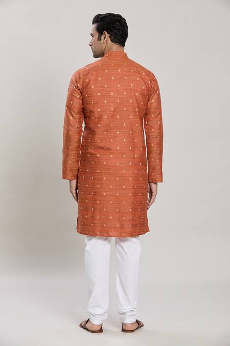 Shop Arihant Rai Sinha Orange Cotton Embroidery Geometric Butta Work Kurta With Churidar at Aza Fashions Shop_Arihant Rai Sinha_Orange Cotton Embroidery Geometric Butta Work Kurta With Churidar_at_Aza_Fashions