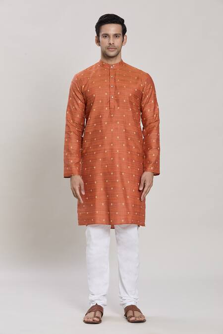 Arihant Rai Sinha Orange Cotton Embroidery Geometric Butta Work Kurta With Churidar Online at Aza Fashions Arihant Rai Sinha_Orange Cotton Embroidery Geometric Butta Work Kurta With Churidar_Online_at_Aza_Fashions