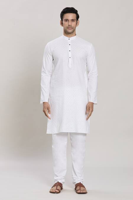 Arihant Rai Sinha_White Cotton Embroidery Samsera Butta Pattern Kurta With Churidar _Online_at_Aza_Fashions