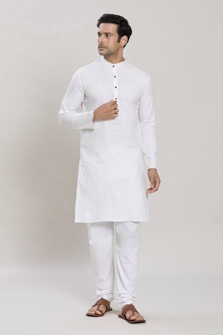 Buy_Arihant Rai Sinha_White Cotton Embroidery Samsera Butta Pattern Kurta With Churidar _Online_at_Aza_Fashions