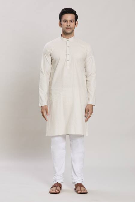 Arihant Rai Sinha_Cream Cotton Embroidery Octavia Jacquard Pattern Straight Kurta With Churidar _Online_at_Aza_Fashions