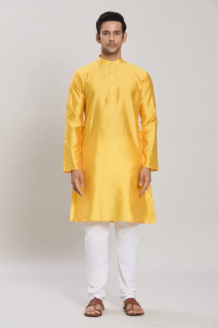 Arihant Rai Sinha_Yellow Cotton Jacquard Pattern Kurta With Churidar_Online_at_Aza_Fashions