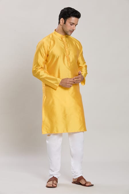 Shop_Arihant Rai Sinha_Yellow Cotton Jacquard Pattern Kurta With Churidar_Online_at_Aza_Fashions