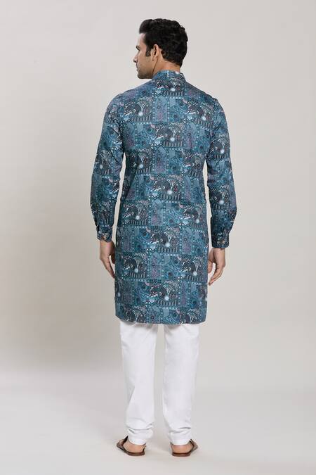 Shop Arihant Rai Sinha Blue Cotton Abstract Floral Print Kurta With Churidar at Aza Fashions Shop_Arihant Rai Sinha_Blue Cotton Abstract Floral Print Kurta With Churidar_at_Aza_Fashions