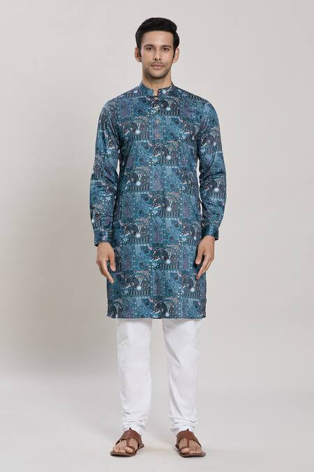 Arihant Rai Sinha Blue Cotton Abstract Floral Print Kurta With Churidar Online at Aza Fashions Arihant Rai Sinha_Blue Cotton Abstract Floral Print Kurta With Churidar_Online_at_Aza_Fashions