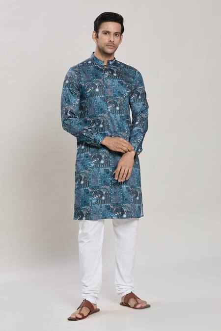 Buy Arihant Rai Sinha Blue Cotton Abstract Floral Print Kurta With Churidar Online at Aza Fashions Buy_Arihant Rai Sinha_Blue Cotton Abstract Floral Print Kurta With Churidar_Online_at_Aza_Fashions