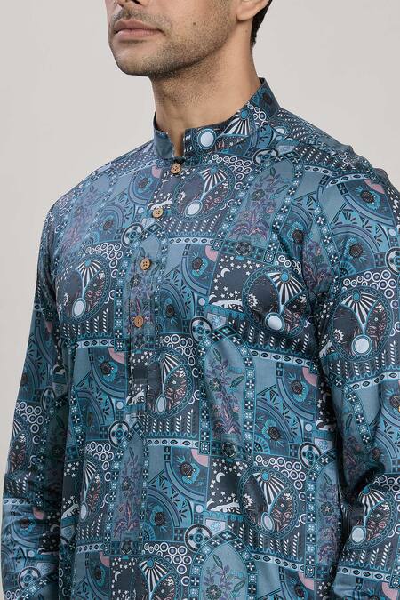 Shop Arihant Rai Sinha Blue Cotton Abstract Floral Print Kurta With Churidar Online at Aza Fashions Shop_Arihant Rai Sinha_Blue Cotton Abstract Floral Print Kurta With Churidar_Online_at_Aza_Fashions
