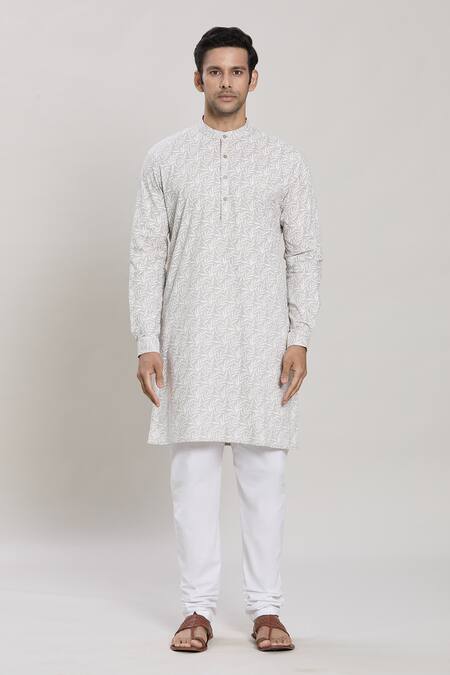 Arihant Rai Sinha White Cotton Leaf Print Straight Kurta And Pant Set Online at Aza Fashions Arihant Rai Sinha_White Cotton Leaf Print Straight Kurta And Pant Set _Online_at_Aza_Fashions
