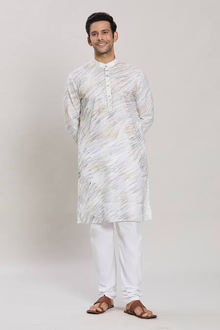Arihant Rai Sinha_White Linen, Cotton Brush Print Kurta And Pant Set_Online_at_Aza_Fashions