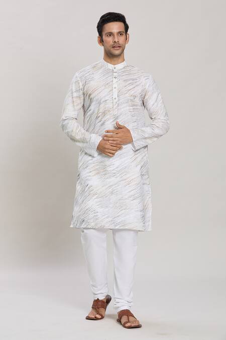 Buy_Arihant Rai Sinha_White Linen, Cotton Brush Print Kurta And Pant Set_Online_at_Aza_Fashions