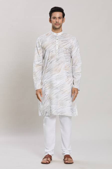 Arihant Rai Sinha_White Linen, Cotton Brush Print Kurta And Pant Set_at_Aza_Fashions