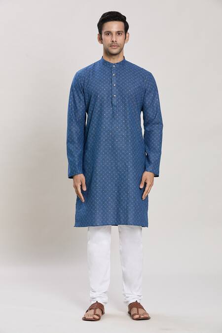 Buy_Arihant Rai Sinha_Blue Linen, Cotton Geometric Print Kurta And Pant Set_Online_at_Aza_Fashions
