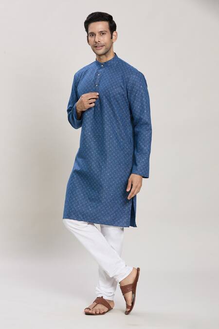 Shop_Arihant Rai Sinha_Blue Linen, Cotton Geometric Print Kurta And Pant Set_Online_at_Aza_Fashions