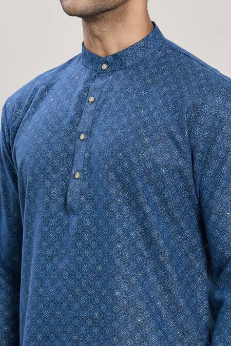 Arihant Rai Sinha_Blue Linen, Cotton Geometric Print Kurta And Pant Set_at_Aza_Fashions