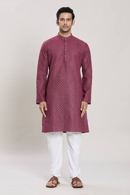 Buy_Arihant Rai Sinha_Wine Linen, Cotton Embroidery Geometric Straight Print Kurta And Pant Set_Online_at_Aza_Fashions