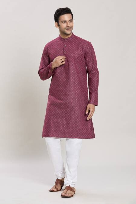 Shop_Arihant Rai Sinha_Wine Linen, Cotton Embroidery Geometric Straight Print Kurta And Pant Set_Online_at_Aza_Fashions