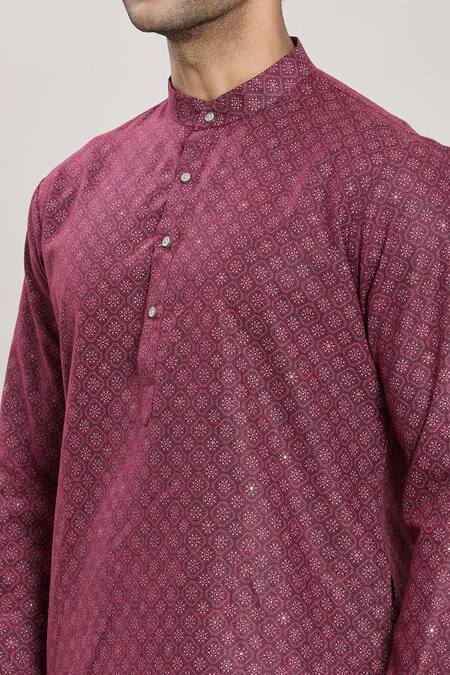 Arihant Rai Sinha_Wine Linen, Cotton Embroidery Geometric Straight Print Kurta And Pant Set_at_Aza_Fashions