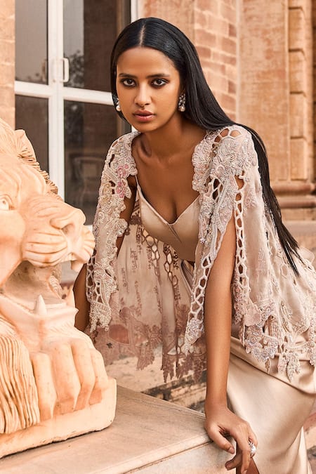 Dolly J Cedar Wood Pre-Draped Saree Set With Cape 