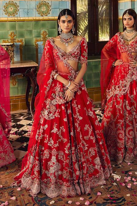 Dolly J Red Silk, Tulle Pearls, Embroidery, Cut Work, Charlotte Bridal Lehenga Set Online at Aza Fashions Dolly J_Red Silk, Tulle Pearls, Embroidery, Cut Work, Charlotte Bridal Lehenga Set _Online_at_Aza_Fashions