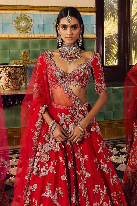 Buy Dolly J Red Silk, Tulle Pearls, Embroidery, Cut Work, Charlotte Bridal Lehenga Set Online at Aza Fashions Buy_Dolly J_Red Silk, Tulle Pearls, Embroidery, Cut Work, Charlotte Bridal Lehenga Set _Online_at_Aza_Fashions