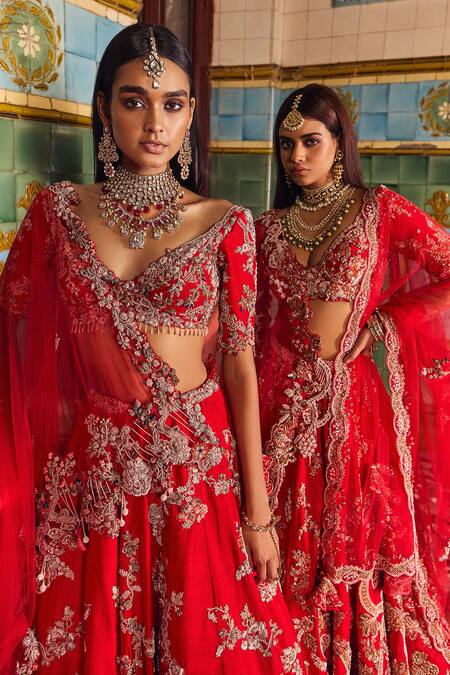 Shop_Dolly J_Red Silk, Tulle Pearls, Embroidery, Cut Work, Charlotte Bridal Lehenga Set _Online_at_Aza_Fashions