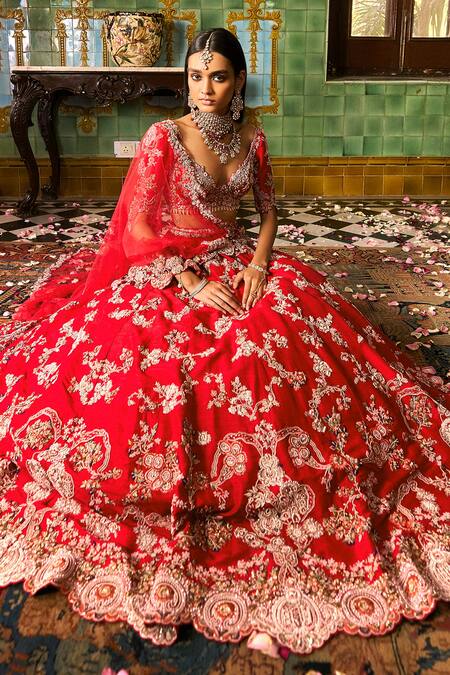 Dolly J Red Silk, Tulle Pearls, Embroidery, Cut Work, Charlotte Bridal Lehenga Set at Aza Fashions Dolly J_Red Silk, Tulle Pearls, Embroidery, Cut Work, Charlotte Bridal Lehenga Set _at_Aza_Fashions