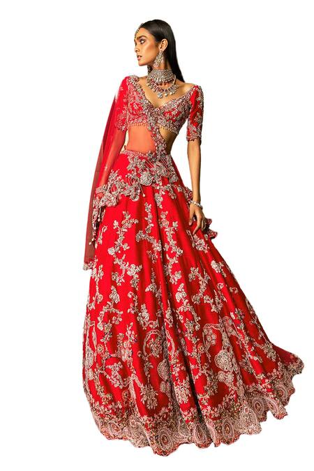 Buy Dolly J Red Silk, Tulle Pearls, Embroidery, Cut Work, Charlotte Bridal Lehenga Set Buy_Dolly J_Red Silk, Tulle Pearls, Embroidery, Cut Work, Charlotte Bridal Lehenga Set