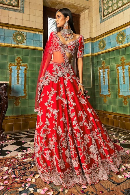 Shop Dolly J Red Silk, Tulle Pearls, Embroidery, Cut Work, Charlotte Bridal Lehenga Set at Aza Fashions Shop_Dolly J_Red Silk, Tulle Pearls, Embroidery, Cut Work, Charlotte Bridal Lehenga Set _at_Aza_Fashions