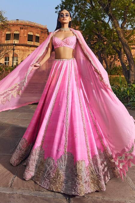 Shop Dolly J Pink Silk, Organza Pearls Plunge Neck Ekiya Love Embroidered Lehenga Blouse Set at Aza Fashions Shop_Dolly J_Pink Silk, Organza Pearls Plunge Neck Ekiya Love Embroidered Lehenga Blouse Set _at_Aza_Fashions