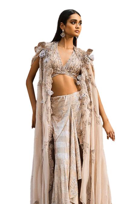 Dolly J Grey Organza Embroidery, Pearls, Fabric Eleanor Drape Skirt Set With Cape Online at Aza Fashions Dolly J_Grey Organza Embroidery, Pearls, Fabric Eleanor Drape Skirt Set With Cape _Online_at_Aza_Fashions