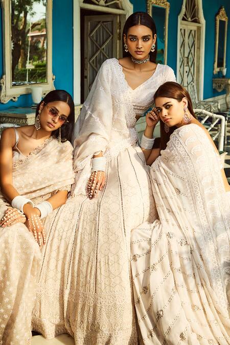 Dolly J_Off White Organza Pearls, Embroidery Plunge Grace Chikankari Saree With Blouse _Online_at_Aza_Fashions