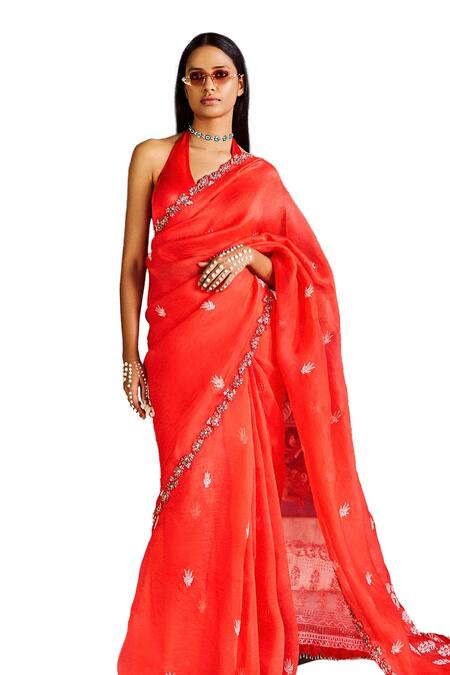 Dolly J Red Organza Embroidery V-neck Hannah Floral Lucknowi Saree With Blouse Online at Aza Fashions Dolly J_Red Organza Embroidery V-neck Hannah Floral Lucknowi Saree With Blouse _Online_at_Aza_Fashions