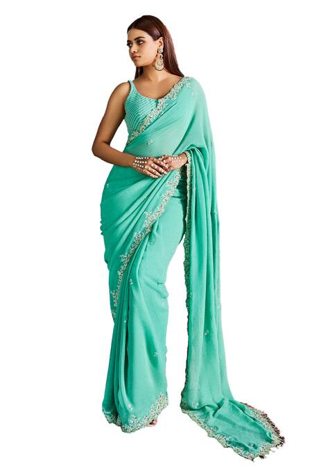 Dolly J Green Chiffon Pearls Plunge Meadow Floral Embroidered Lucknowi Saree With Blouse Online at Aza Fashions Dolly J_Green Chiffon Pearls Plunge Meadow Floral Embroidered Lucknowi Saree With Blouse _Online_at_Aza_Fashions