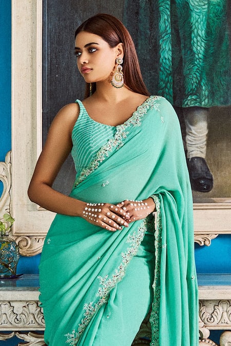 Dolly J Meadow Floral Embroidered Lucknowi Saree With Blouse 