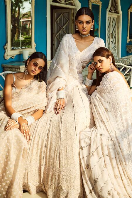 Dolly J_Ivory Chiffon, Satin Pearls, Inessa Kamdani Chickankari Saree With Blouse _Online_at_Aza_Fashions