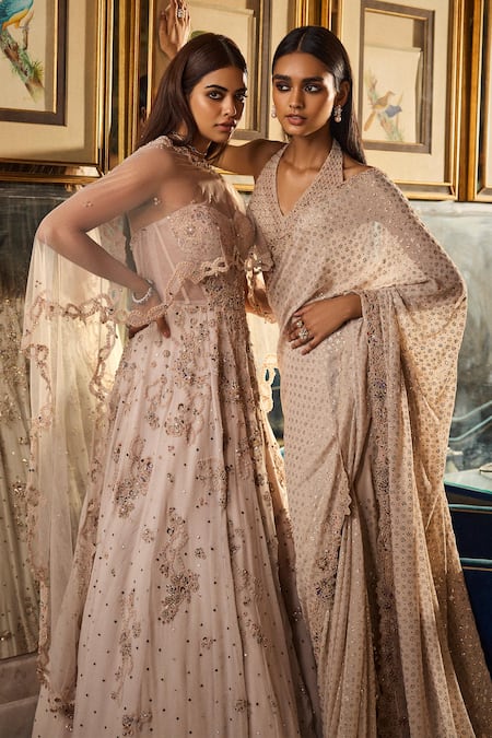 Buy_Dolly J_Ivory Tulle, Chiffon, Lycra, Jahaan Kamdani Jaal Embroidered Saree With Blouse _Online_at_Aza_Fashions