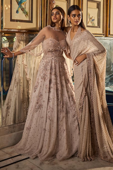 Shop_Dolly J_Ivory Tulle, Chiffon, Lycra, Jahaan Kamdani Jaal Embroidered Saree With Blouse _Online_at_Aza_Fashions