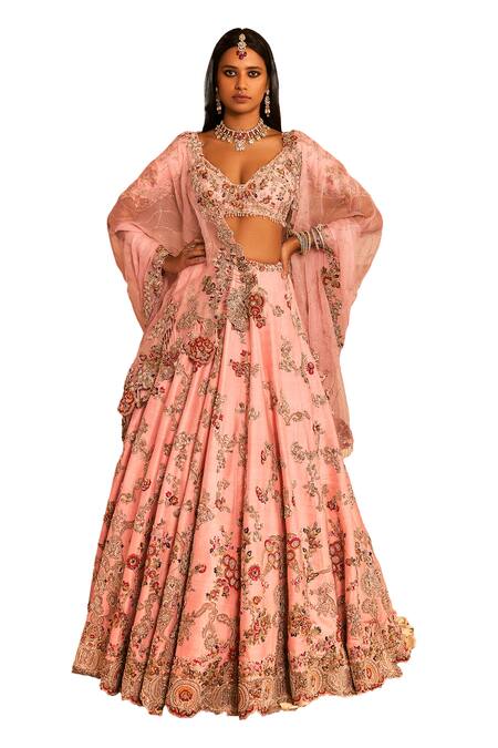 Dolly J_Pink Silk, Organza Embroidery, Zari Plunge Neck Floral Bridal Lehenga Set _Online_at_Aza_Fashions